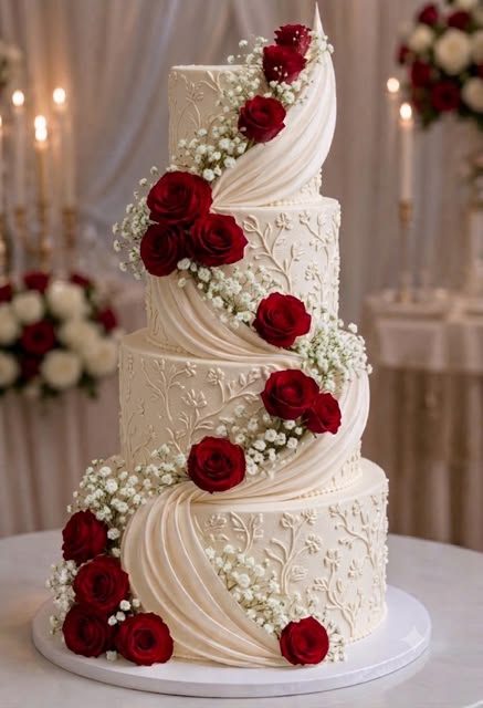 Pièce montée quatre étages, drapé sculpté et roses rouges