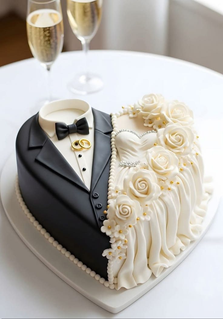Gâteau cœur mariés, smoking noir et robe de roses ivoire
