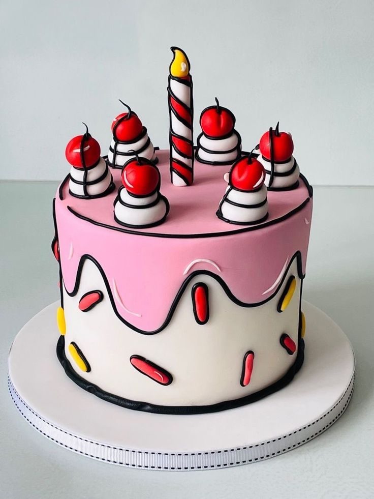 Gâteau graphique style bande dessinée, rose et blanc aux contours noirs