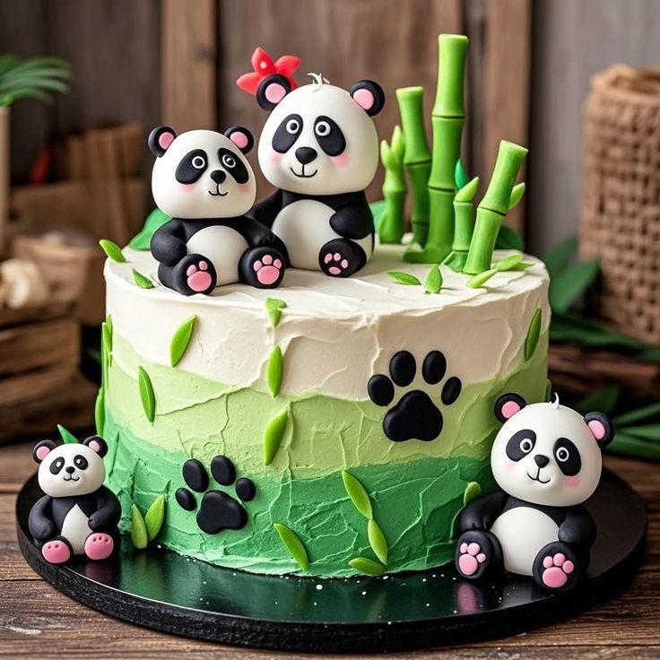 Gâteau dégradé vert bambou orné de pandas modelés à la main