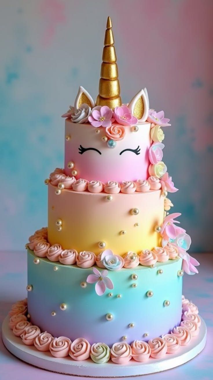 Gâteau licorne trois étages aux dégradés pastel, corne dorée et roses en crème