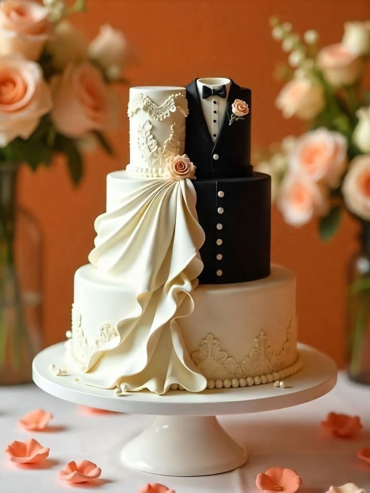 Gâteau de mariage marié et mariée, drapé ivoire et smoking noir