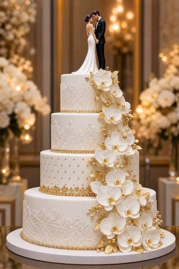 Pièce montée de mariage à quatre étages, dentelle blanche et cascade d’orchidées dorées